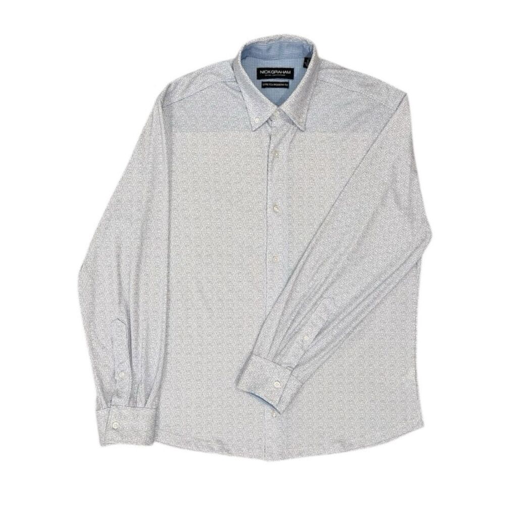 NWOT NICK GRAHAM Men’s Light Blue/White Micro Swirl-Print Stretch-Knit Shirt
